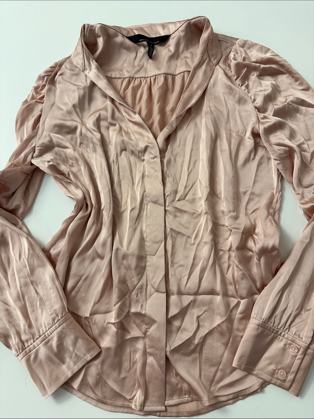White House Black Market Women's Rose Gold Satin Button-Front Blouse